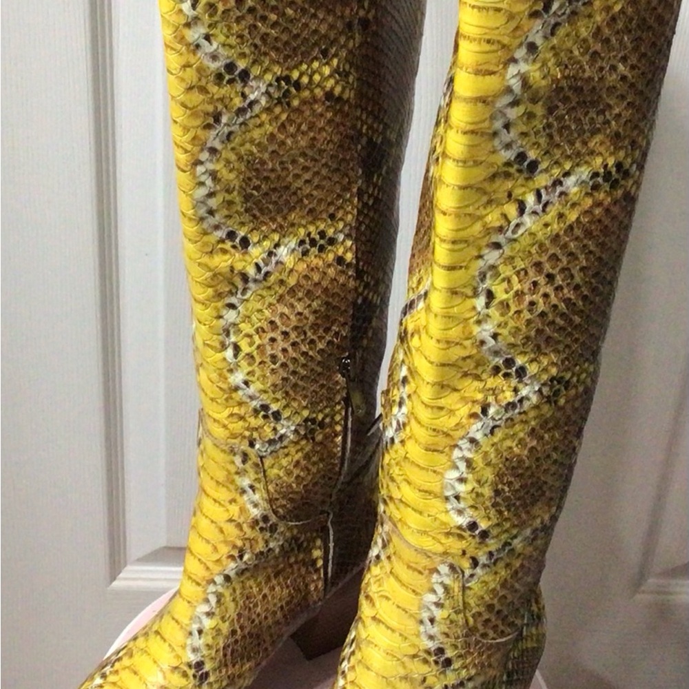 Leather Yellow and Tan Snake Print Knee-High Boots